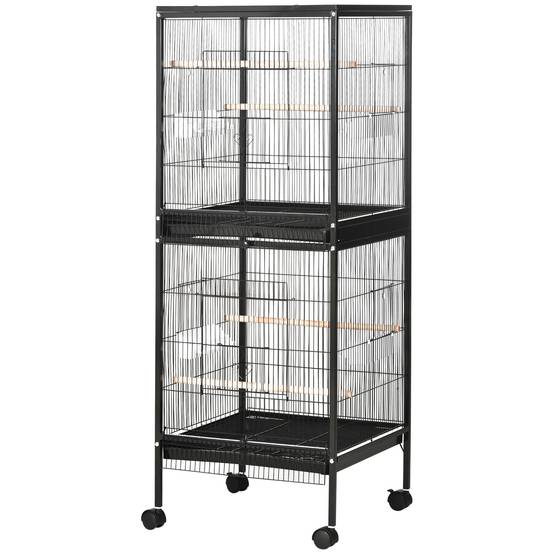 Cage à oiseaux à 2 niveaux avec roulettes, plateaux amovibles et portes, 51,5 x 50 x 140 cm, noire - Image 2