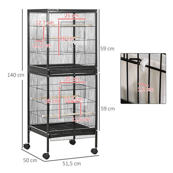 Cage à oiseaux à 2 niveaux avec roulettes, plateaux amovibles et portes, 51,5 x 50 x 140 cm, noire - Image 5