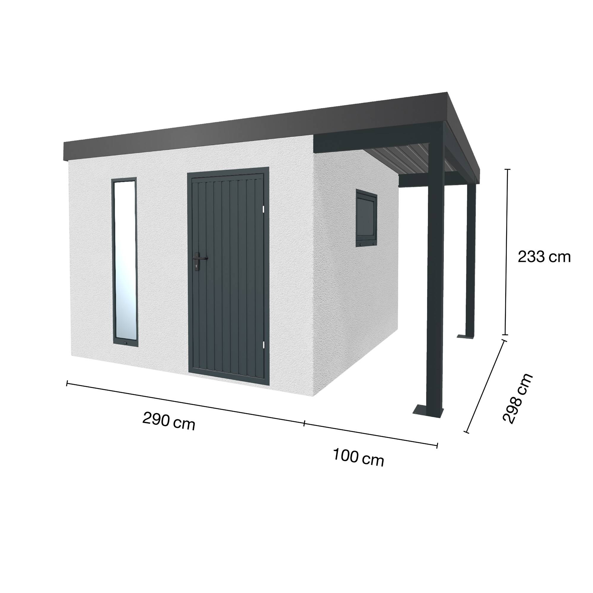 Abri de jardin en métal finition crépi 2900 x 2980 mm blanc avec auvent à droite 1000 x 2980 mm anthracite - Image 1