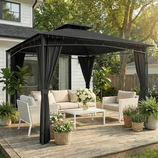 Tonnelle de jardin Métal 3x3m Gris Foncé Toit double rétractable imperméable anti-UV - ComfortXL Outdoor Living - Image 4