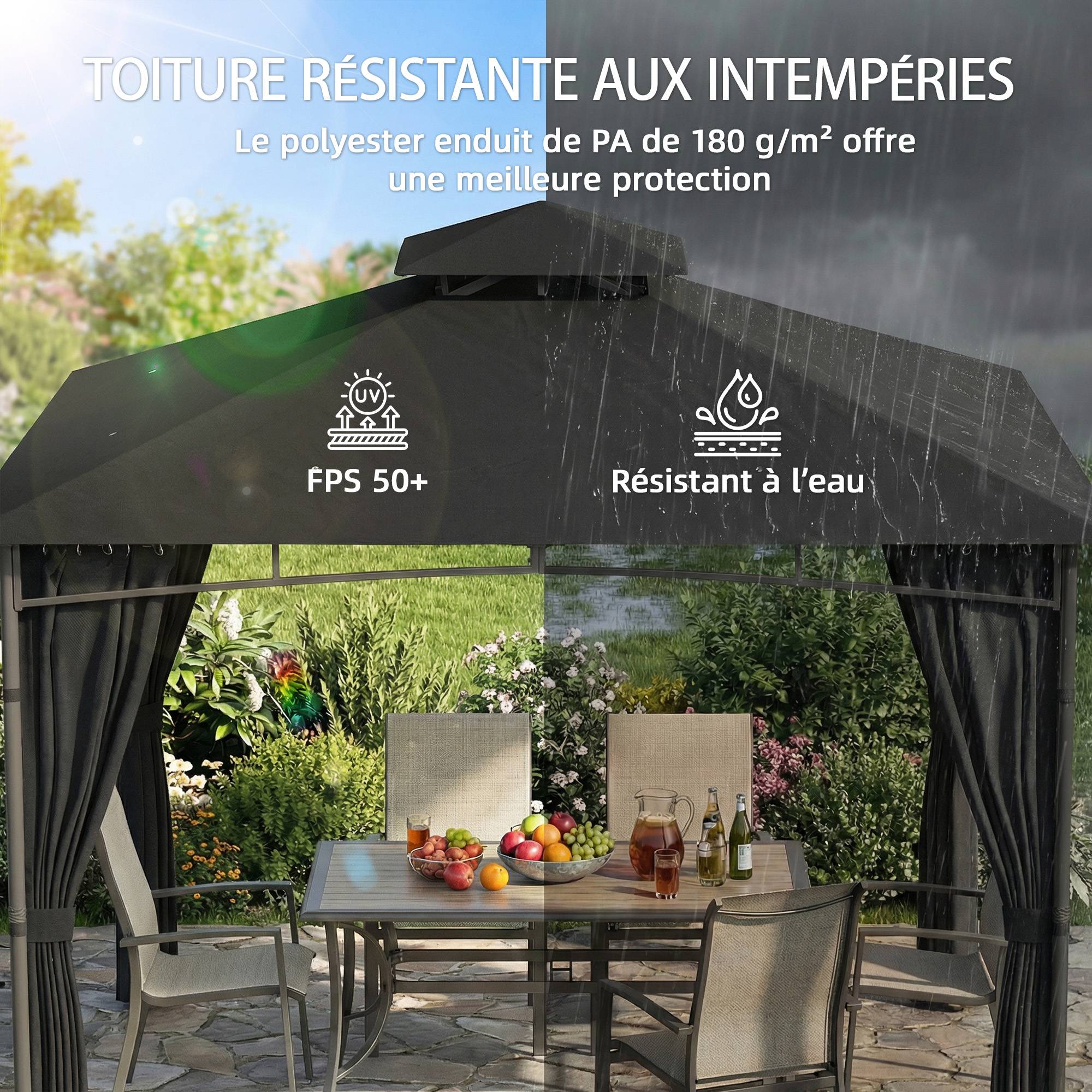 Tonnelle de jardin Métal 3x3m Gris Foncé Toit double rétractable imperméable anti-UV - ComfortXL Outdoor Living - Image 6