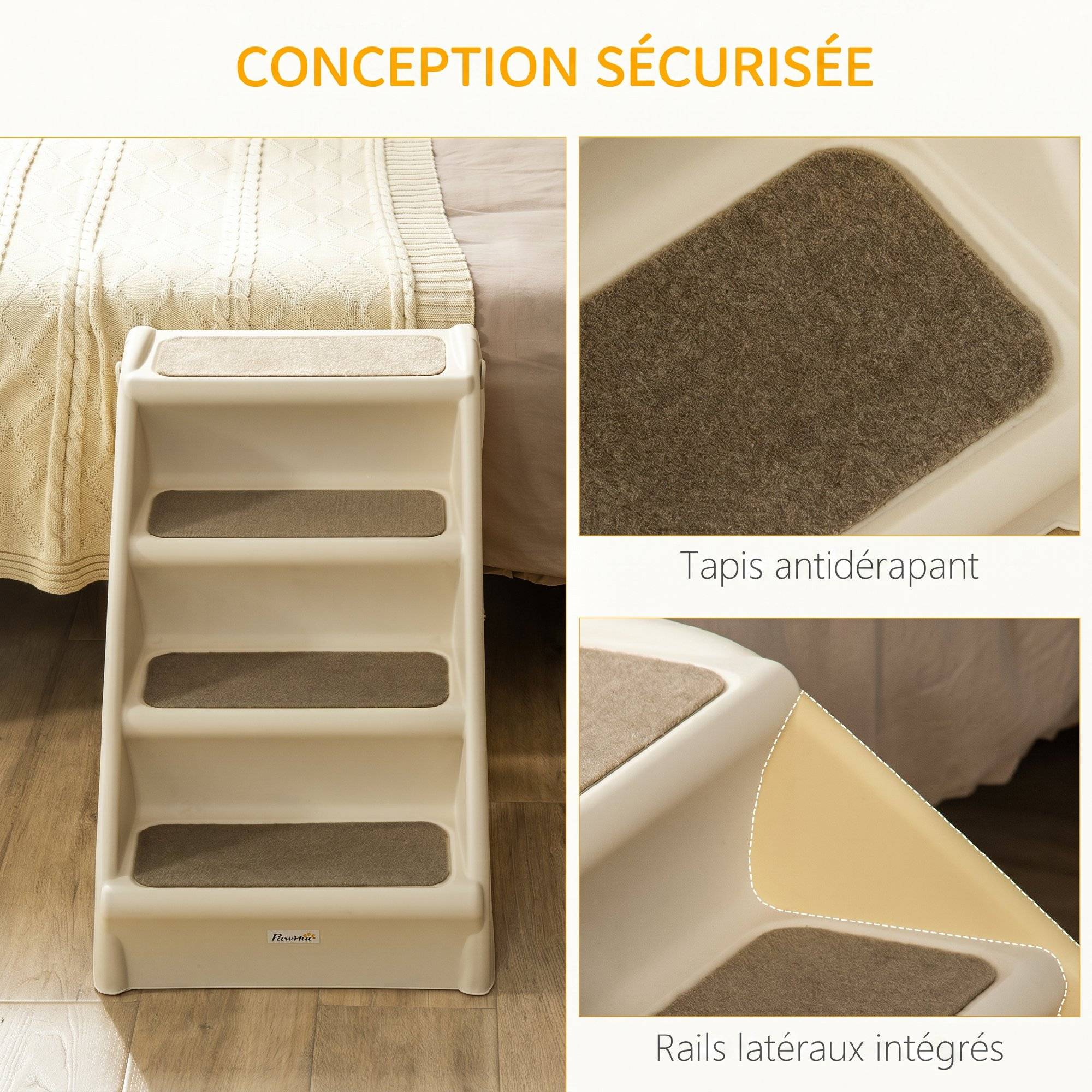ComfortXL - Escalier pour chien pliable en polypropylène beige 4 marches 62 x 38 x 49,5 cm pour lit et canapé antidérapant - Image 5