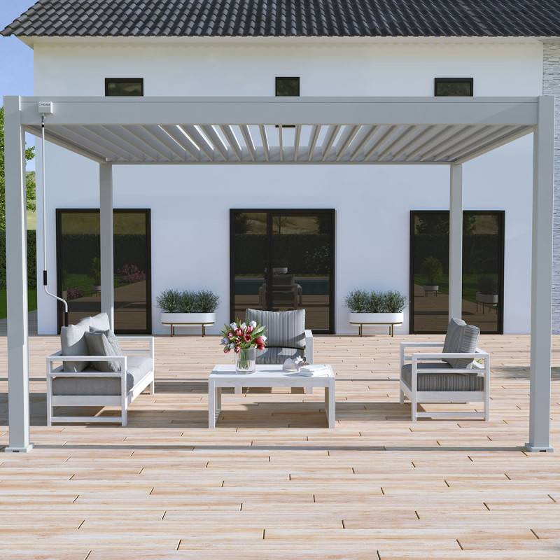 Ombrea - Pergola bioclimatique Ombréa autoportante VS - 3x4M Gris perle + 1 store 4M blanc - Image 1