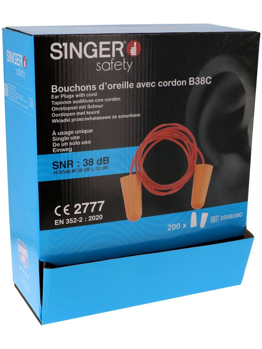 Bouchons d'oreilles PU Orange SNR 38dB avec cordon - Boite de 200 paires - SINGER FRERES - 200B38C - Image 2