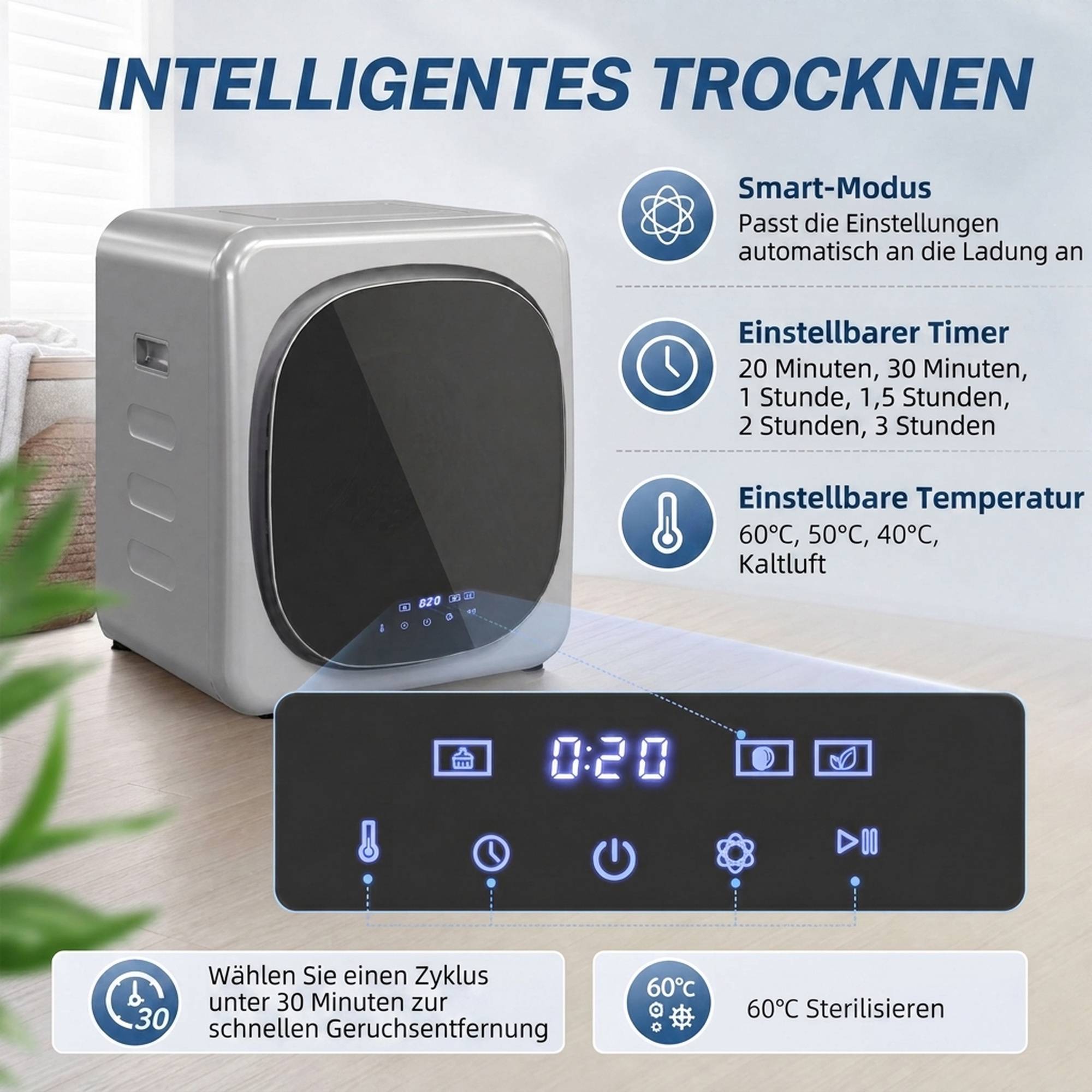 Sèche-linge à évacuation 2,5kg mode intelligent, 800W, tambour inox compact, argent - Image 6