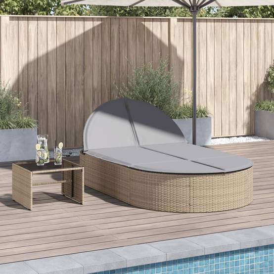 Chaise longue | Transat | Bain de soleil double avec coussins beige résine tressée - Image 2