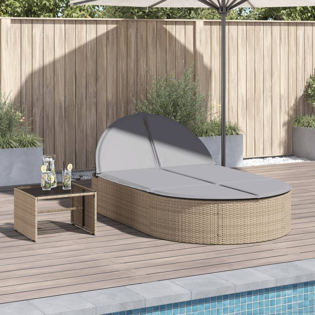 Chaise longue | Transat | Bain de soleil double avec coussins beige résine tressée - Image 2