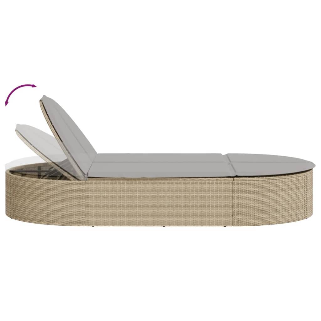 Chaise longue | Transat | Bain de soleil double avec coussins beige résine tressée - Image 6