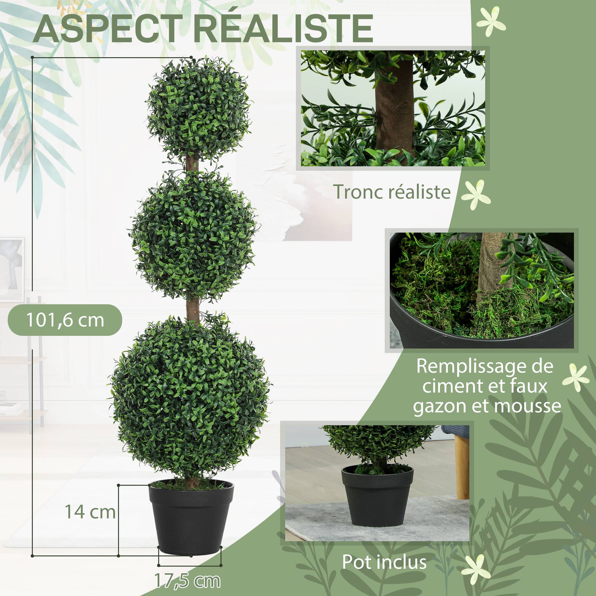 Lot 2 Buis Topiaires Artificiels PE Intérieur Extérieur Anti-UV 102cm Vert - ComfortXL Outdoor Living - Image 6