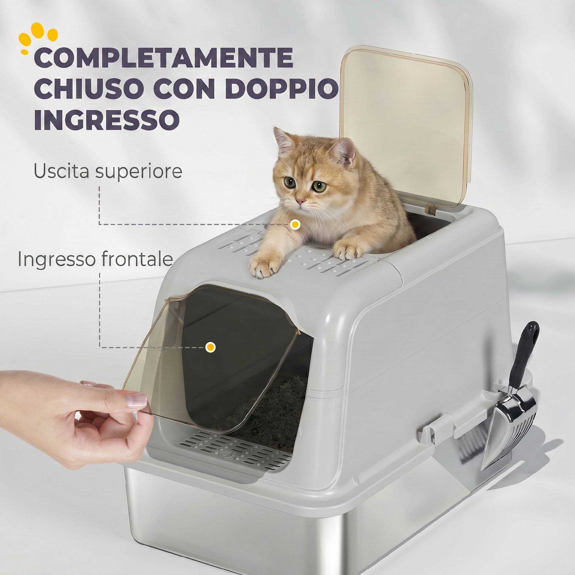 Bac à litière fermé pour chat avec couvercle, 2 entrées, pelle et sac désodorisant, gris clair - Image 7