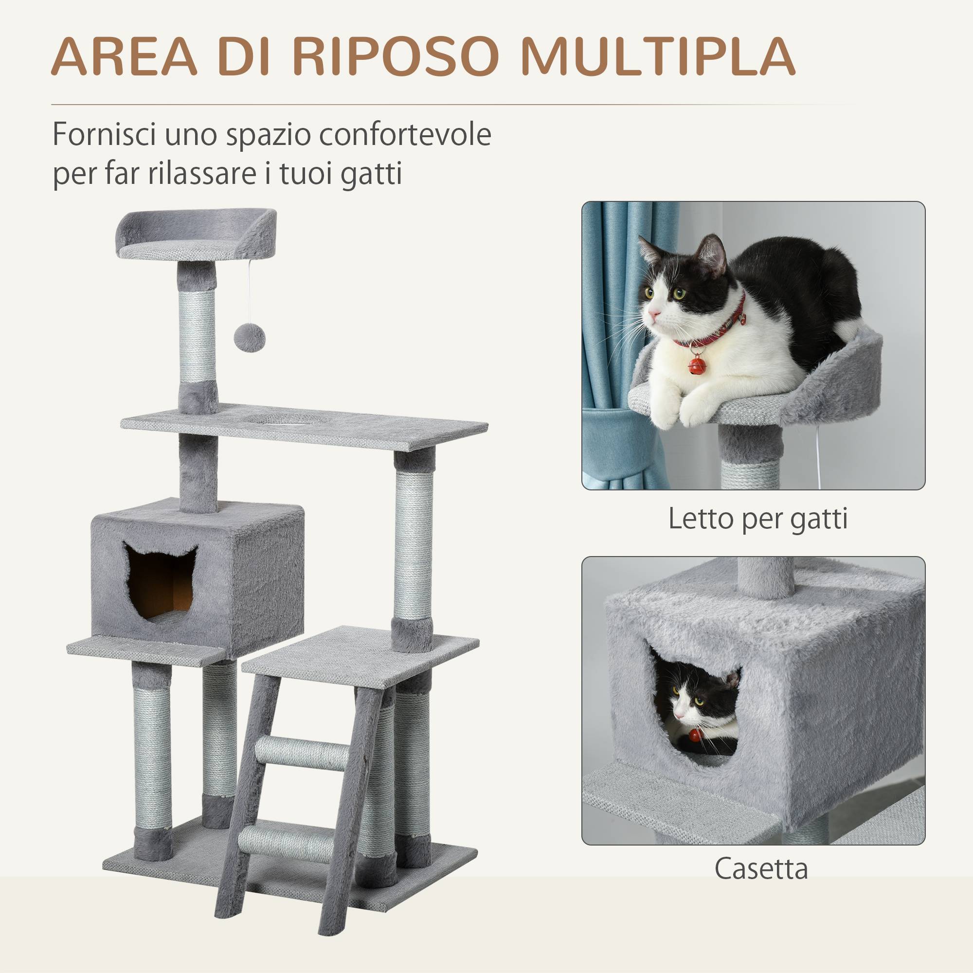 Sans Marque - Tiragraffi Palestra per Gatti Multilivello con Casetta Scala Piattaforme, Pali in Corda di Juta, Grigio, 60.5x40x124cm - Image 4