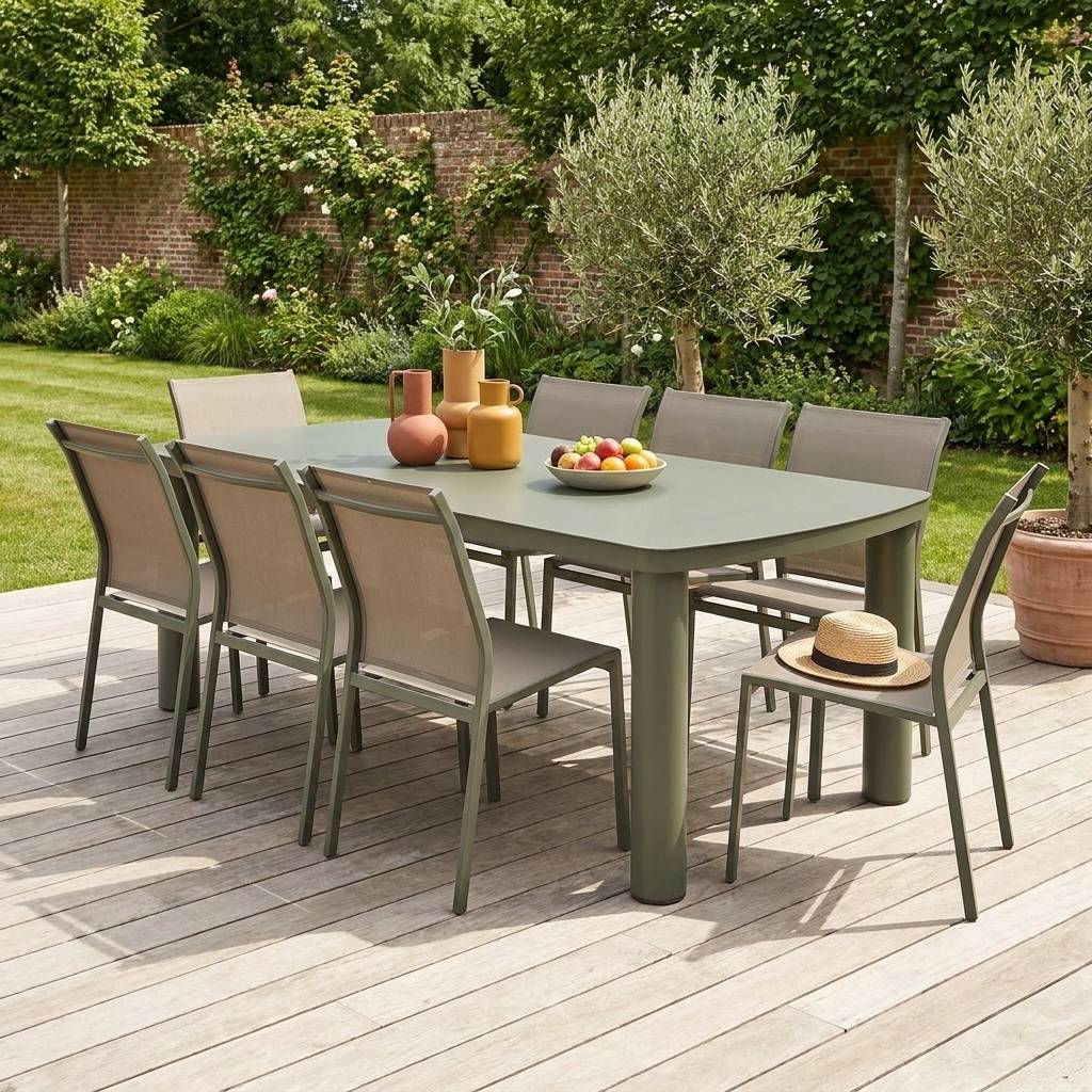 Table de jardin aluminium + 8 assises kaki - Zaro / Buffalo | sweeek - Image 1
