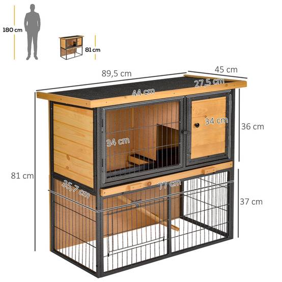 Clapier à lapin cage à lapin 2 niveaux 3 portes verrouillables rampe toit ouvrant bitûmé métal époxy pin pré-huilé - Image 5