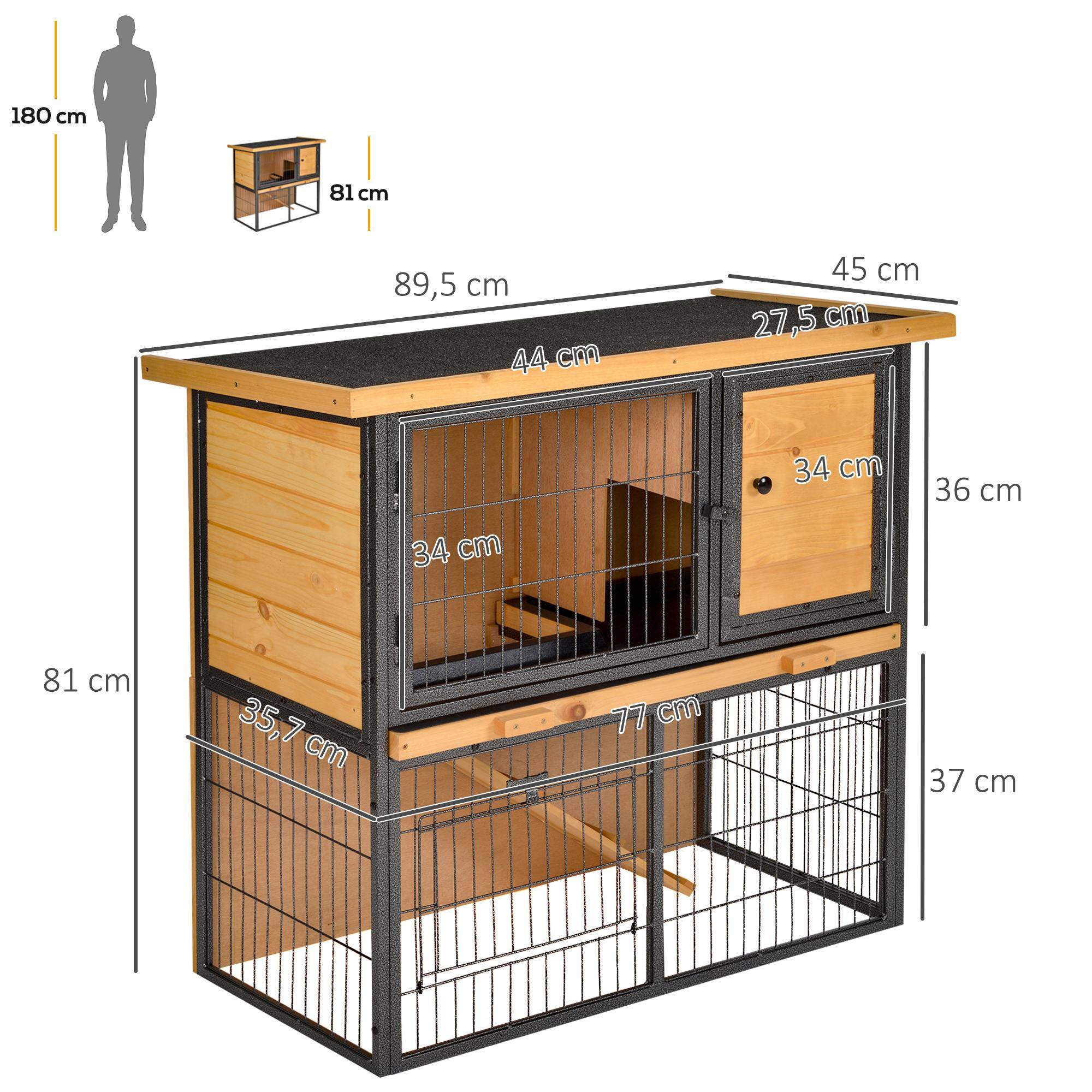 Clapier à lapin cage à lapin 2 niveaux 3 portes verrouillables rampe toit ouvrant bitûmé métal époxy pin pré-huilé - Image 5