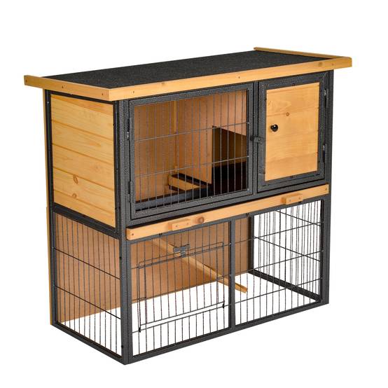 Clapier à lapin cage à lapin 2 niveaux 3 portes verrouillables rampe toit ouvrant bitûmé métal époxy pin pré-huilé - Image 1