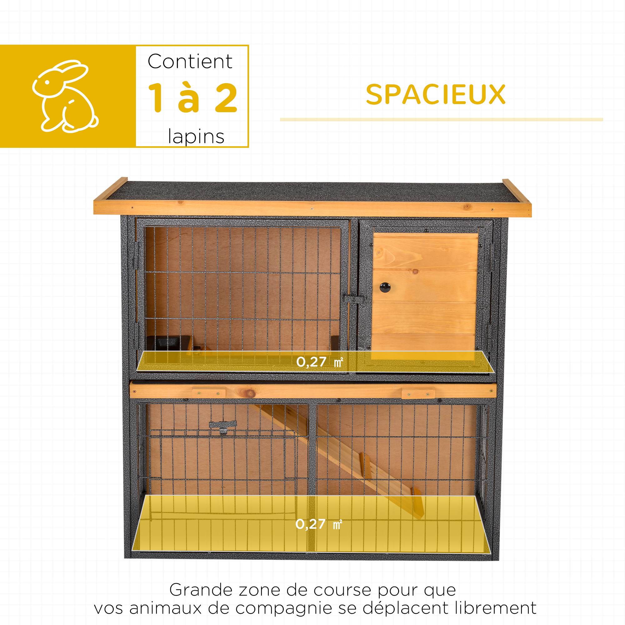 Clapier à lapin cage à lapin 2 niveaux 3 portes verrouillables rampe toit ouvrant bitûmé métal époxy pin pré-huilé - Image 6