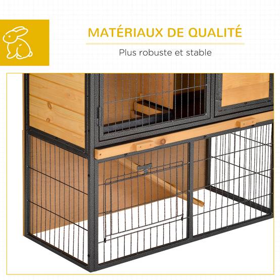 Clapier à lapin cage à lapin 2 niveaux 3 portes verrouillables rampe toit ouvrant bitûmé métal époxy pin pré-huilé - Image 9