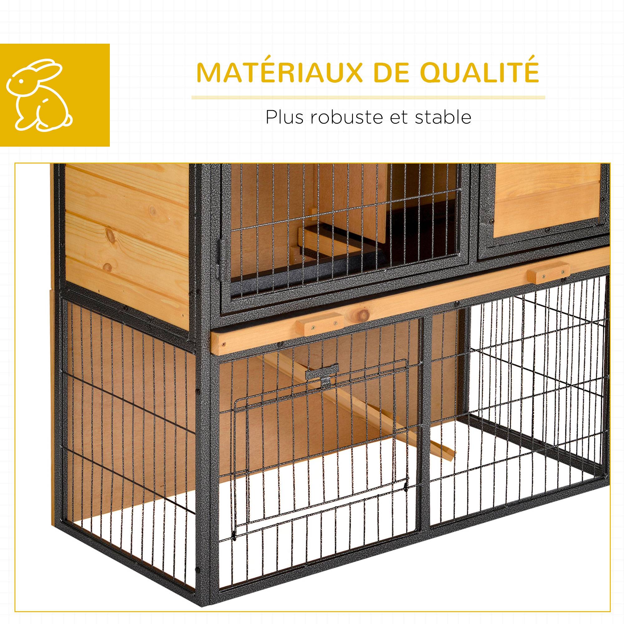 Clapier à lapin cage à lapin 2 niveaux 3 portes verrouillables rampe toit ouvrant bitûmé métal époxy pin pré-huilé - Image 9