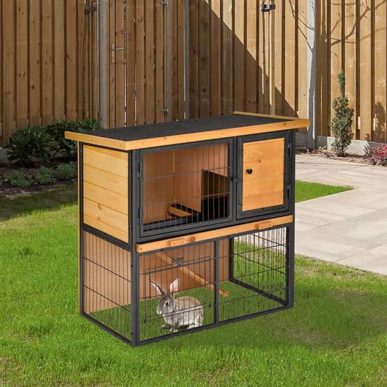 Clapier à lapin cage à lapin 2 niveaux 3 portes verrouillables rampe toit ouvrant bitûmé métal époxy pin pré-huilé - Image 3