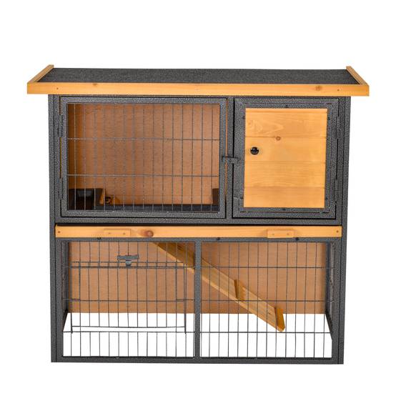 Clapier à lapin cage à lapin 2 niveaux 3 portes verrouillables rampe toit ouvrant bitûmé métal époxy pin pré-huilé - Image 2