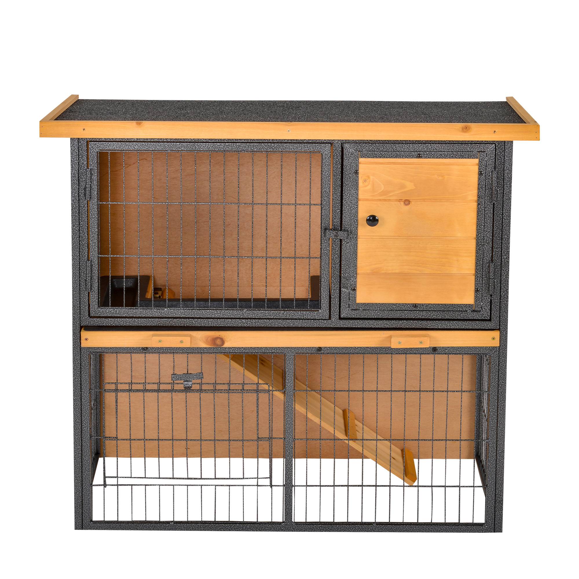 Clapier à lapin cage à lapin 2 niveaux 3 portes verrouillables rampe toit ouvrant bitûmé métal époxy pin pré-huilé - Image 2