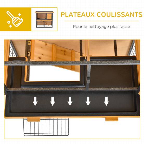 Clapier à lapin cage à lapin 2 niveaux 3 portes verrouillables rampe toit ouvrant bitûmé métal époxy pin pré-huilé - Image 8