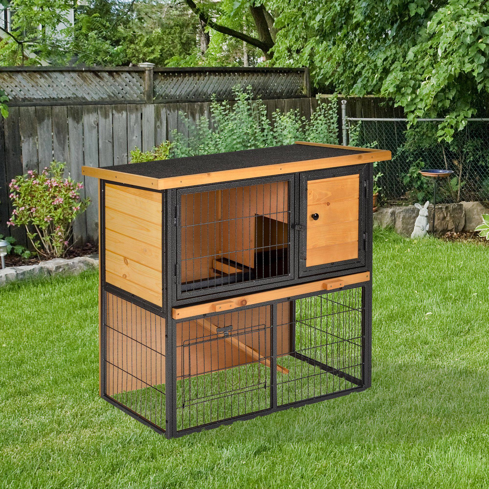 Clapier à lapin cage à lapin 2 niveaux 3 portes verrouillables rampe toit ouvrant bitûmé métal époxy pin pré-huilé - Image 4