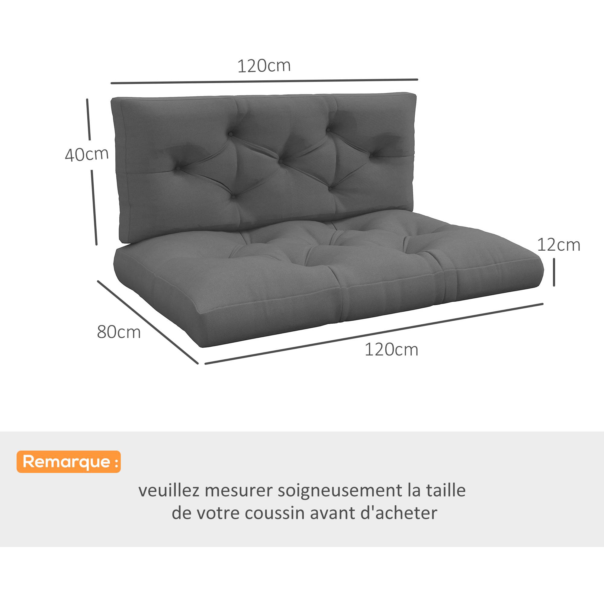 Ensemble de 2 coussins pour canapé palette 2 places dim. 120L x 80l x 12H cm Polyester gris - Image 5