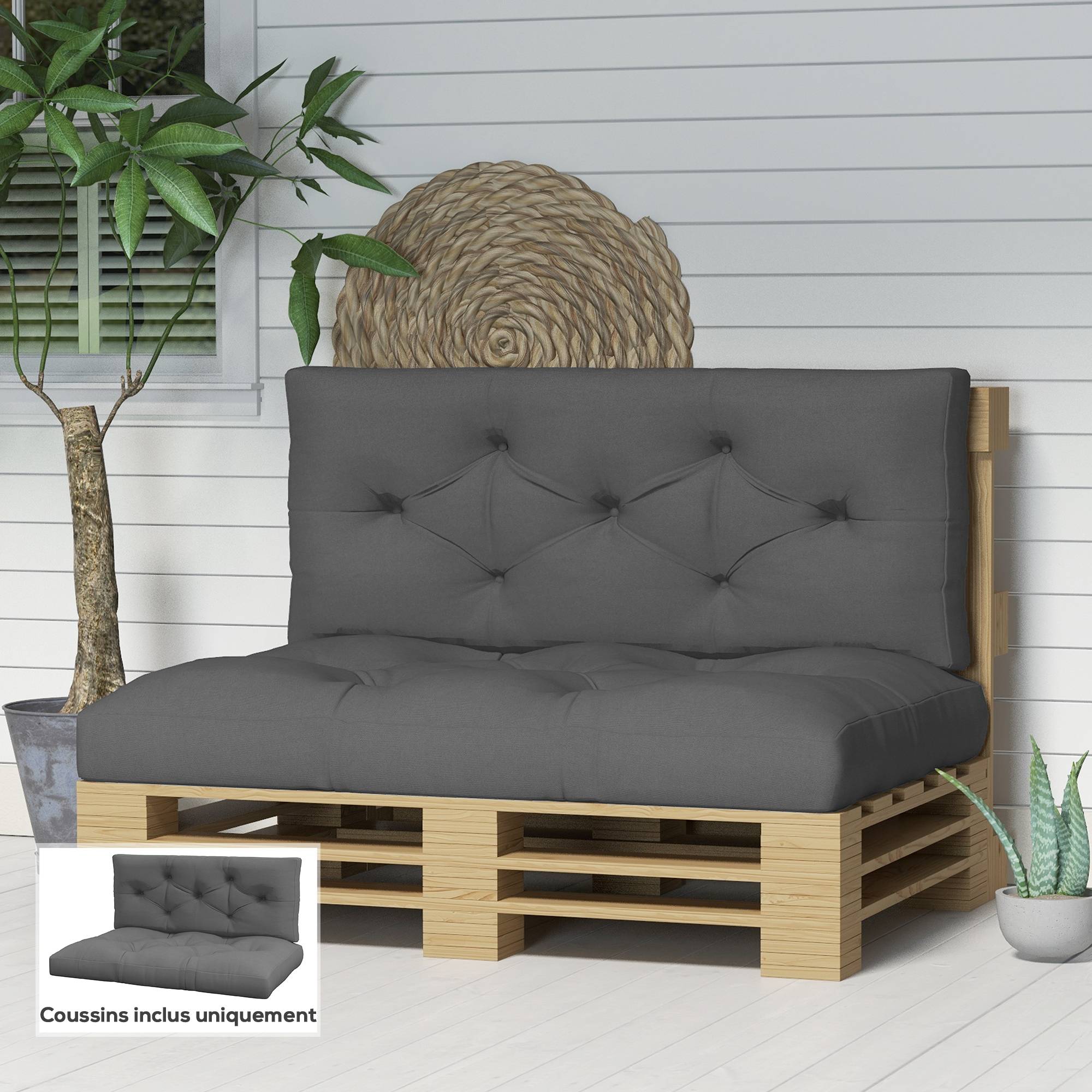 Ensemble de 2 coussins pour canapé palette 2 places dim. 120L x 80l x 12H cm Polyester gris - Image 4