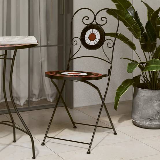 Lot de 2 Chaises de Terrasse Pliantes Mosaïque Céramique Style Méditerranéen Terre Cuite et Blanc – ComfortXL Outdoor Living - Image 1