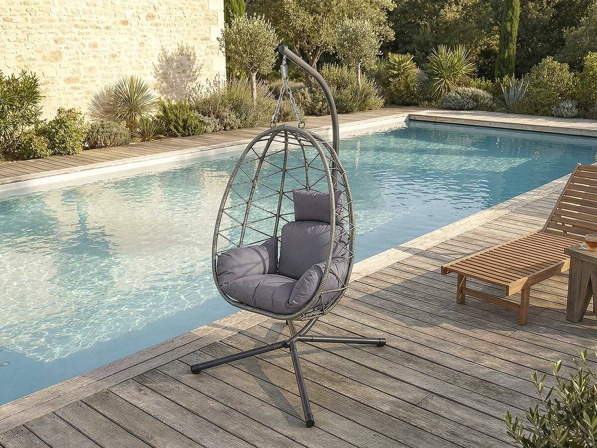 Fauteuil Oeuf Suspendu En Rotin "cosi" - 99 X 92 X 194 Cm - Gris -habitat Et Jardin - Image 2