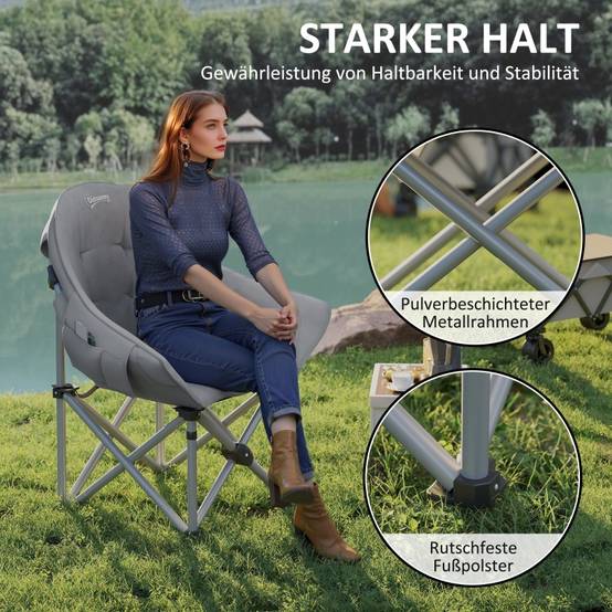 Fauteuil Camping Pliant Rembourré Chaise Pêche Confort Poche Latérale Gris - ComfortXL Outdoor Living - Image 5