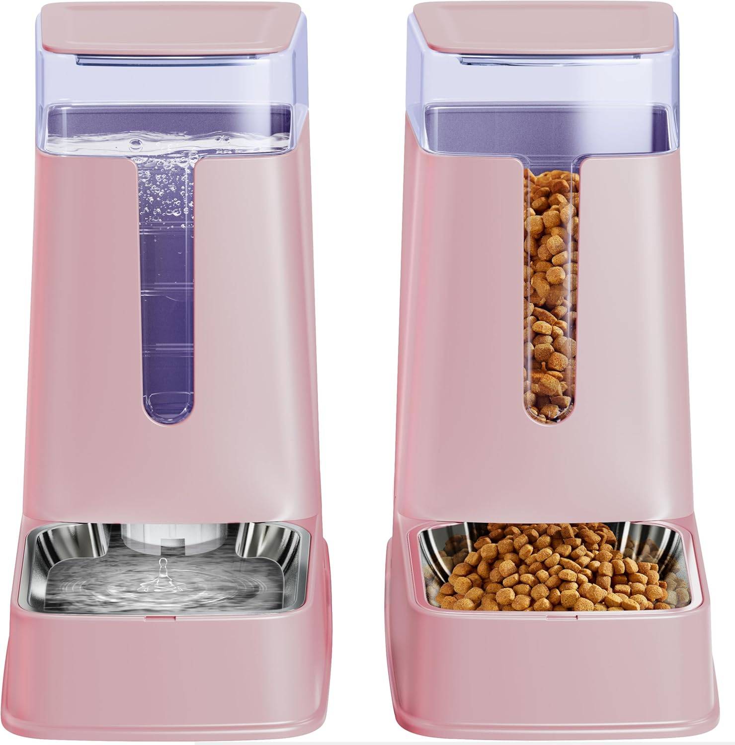 Lot de 2 distributeurs automatiques de Nourriture et d'eau pour Chat de Petite, Moyenne et Grande Taille Acier inoxydable pink Vendos85