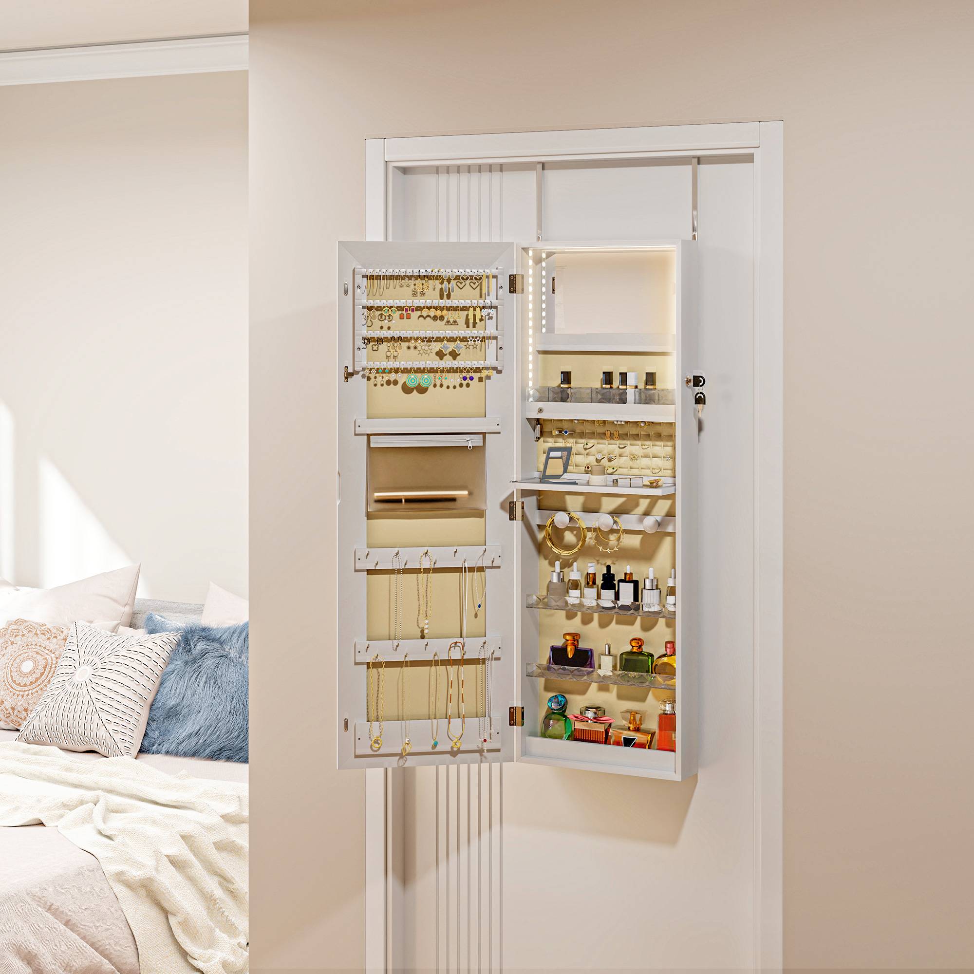 Sans Marque - Miroir à bijoux mural avec éclairage LED et serrure, armoire à bijoux à fixer au mur ou à une porte, blanc - Image 4