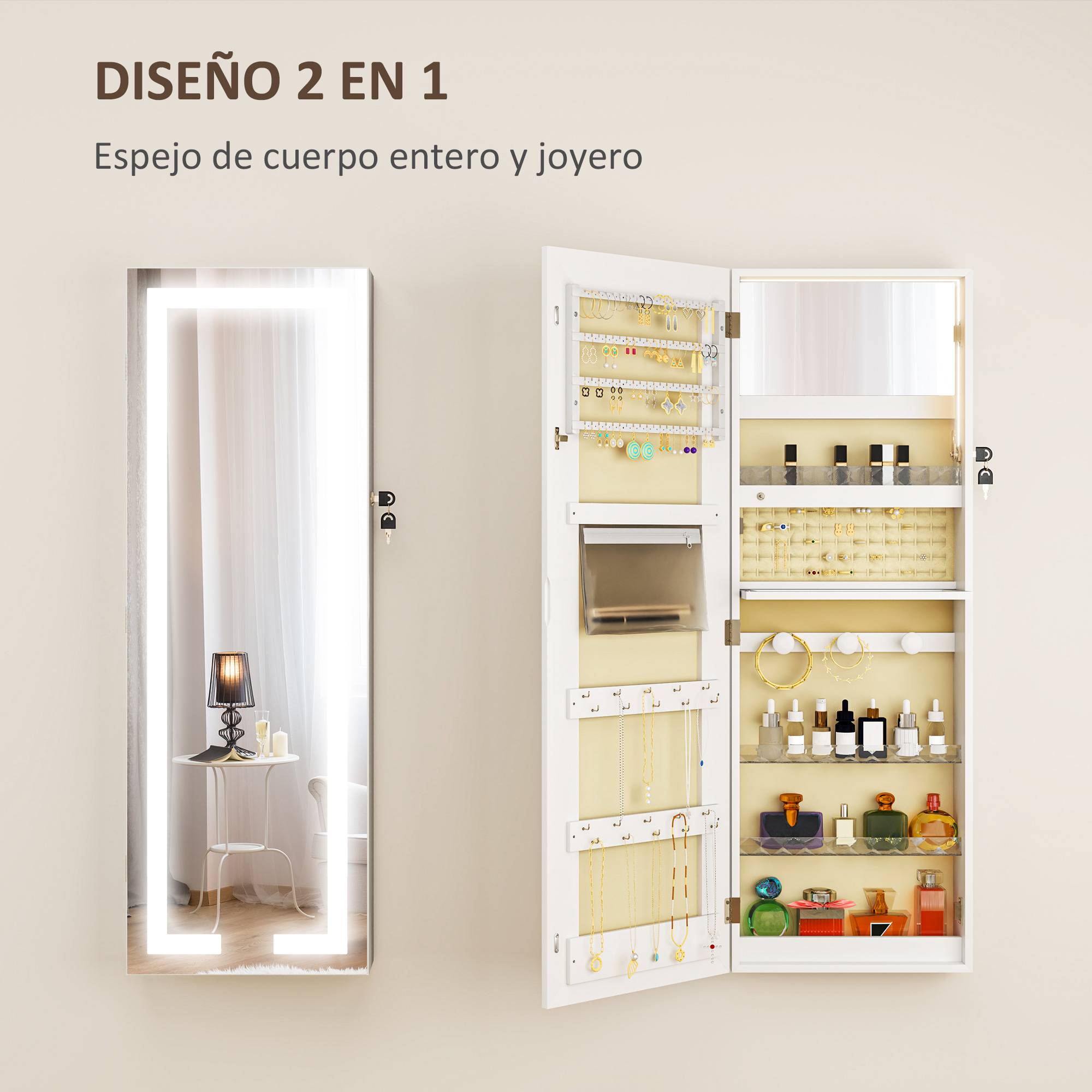 Sans Marque - Miroir à bijoux mural avec éclairage LED et serrure, armoire à bijoux à fixer au mur ou à une porte, blanc - Image 6