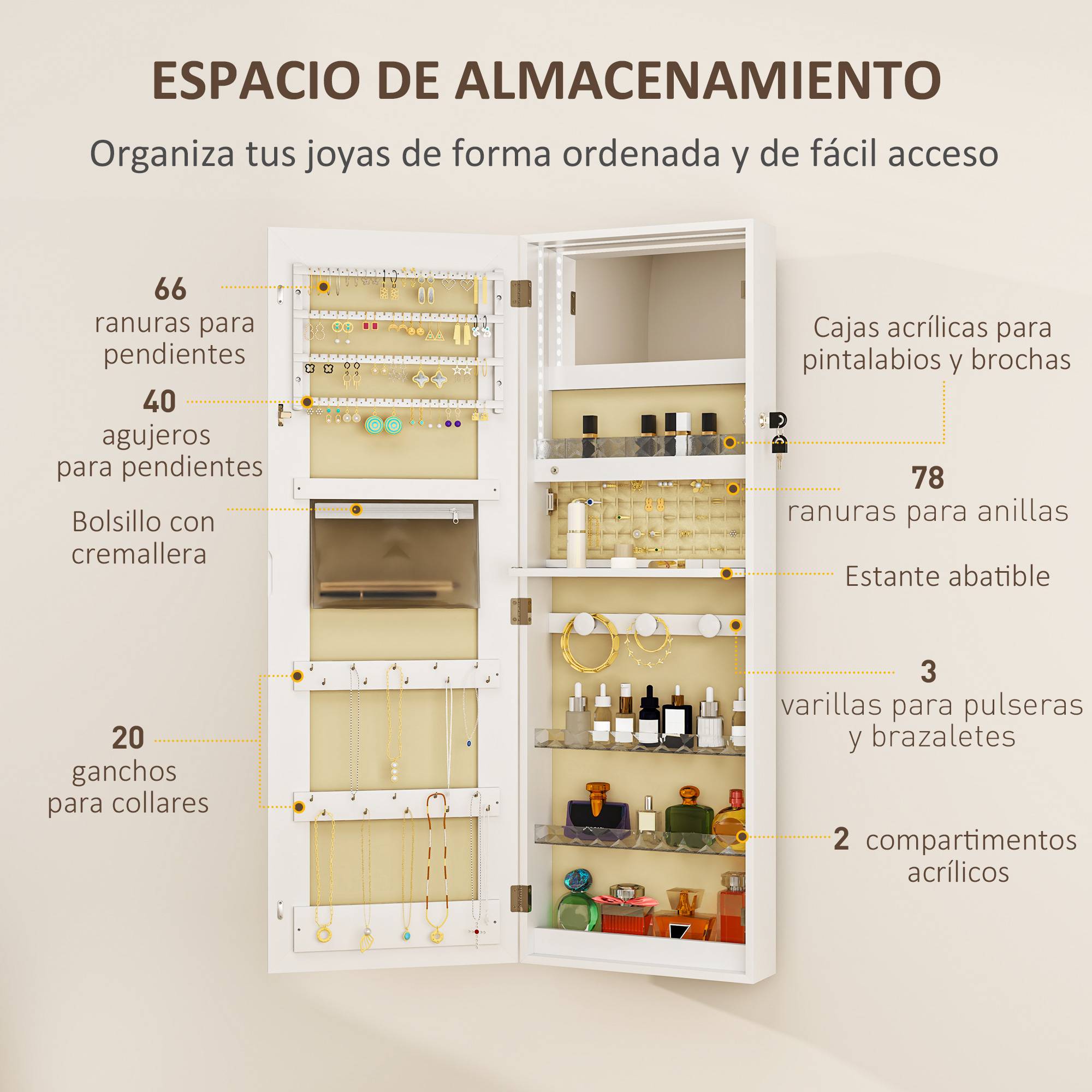 Sans Marque - Miroir à bijoux mural avec éclairage LED et serrure, armoire à bijoux à fixer au mur ou à une porte, blanc - Image 8