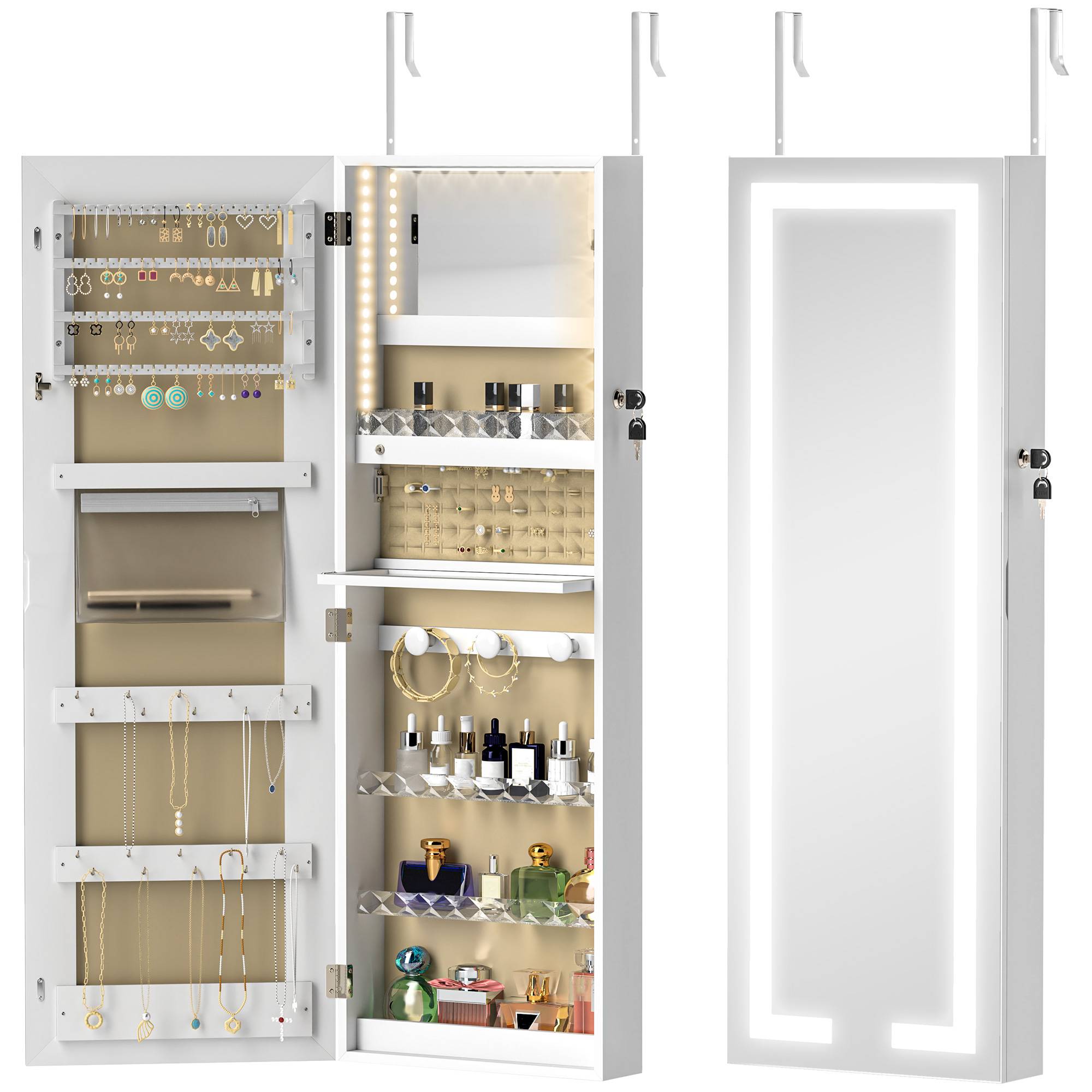 Sans Marque - Miroir à bijoux mural avec éclairage LED et serrure, armoire à bijoux à fixer au mur ou à une porte, blanc - Image 2