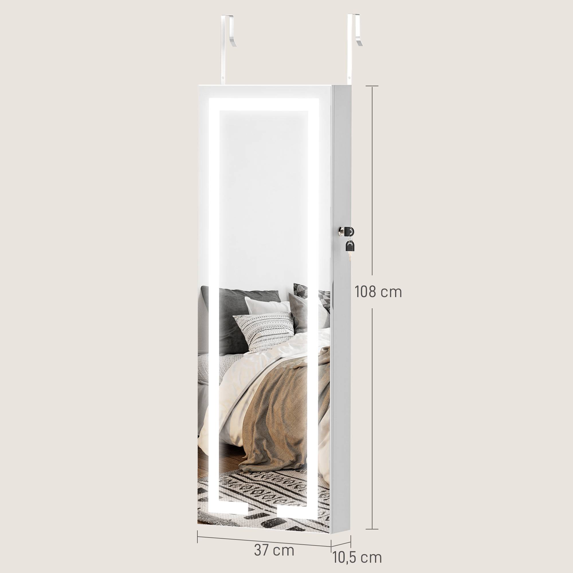 Sans Marque - Miroir à bijoux mural avec éclairage LED et serrure, armoire à bijoux à fixer au mur ou à une porte, blanc - Image 5