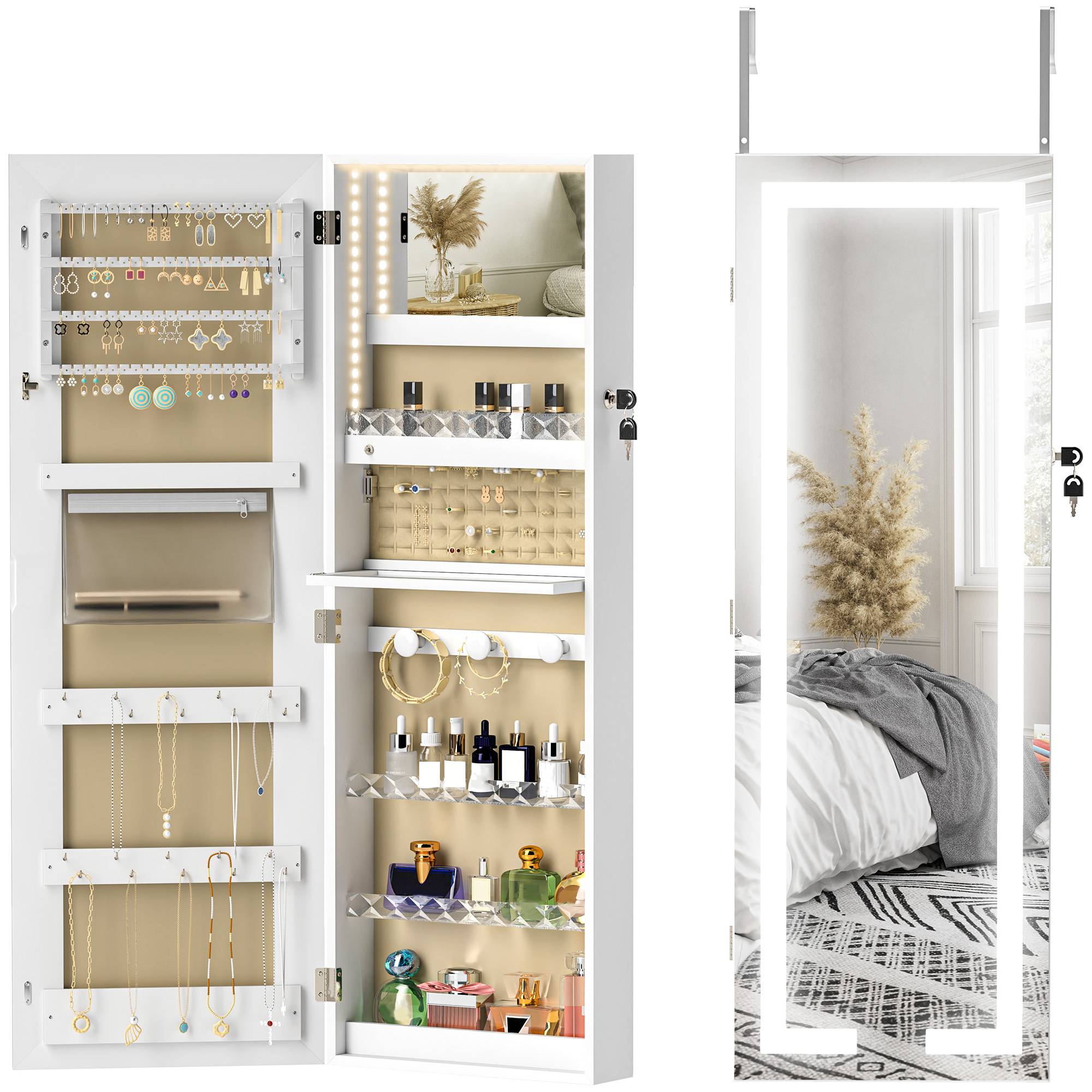 Sans Marque - Miroir à bijoux mural avec éclairage LED et serrure, armoire à bijoux à fixer au mur ou à une porte, blanc - Image 1