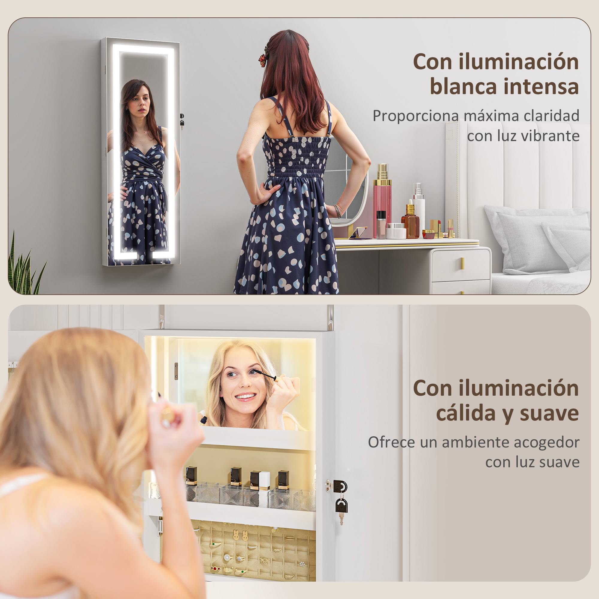 Sans Marque - Miroir à bijoux mural avec éclairage LED et serrure, armoire à bijoux à fixer au mur ou à une porte, blanc - Image 7