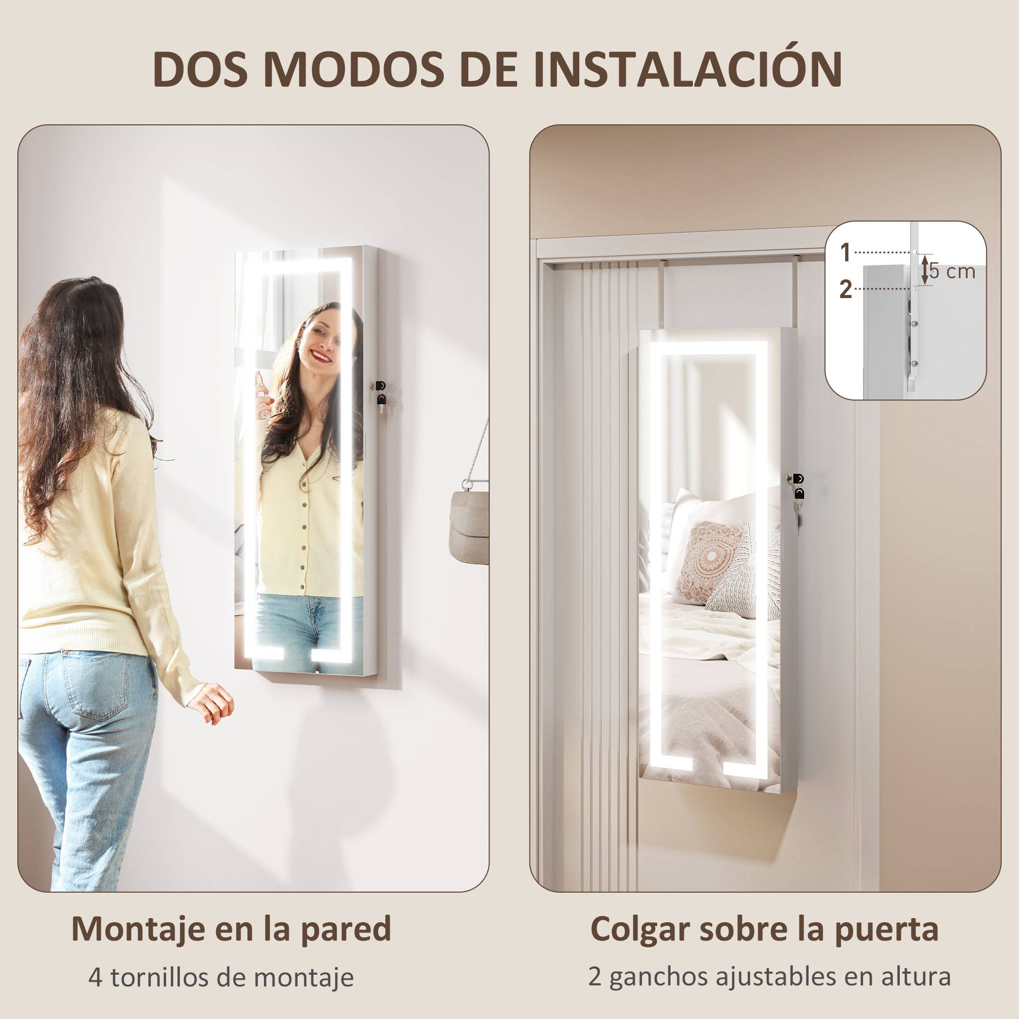 Sans Marque - Miroir à bijoux mural avec éclairage LED et serrure, armoire à bijoux à fixer au mur ou à une porte, blanc - Image 9
