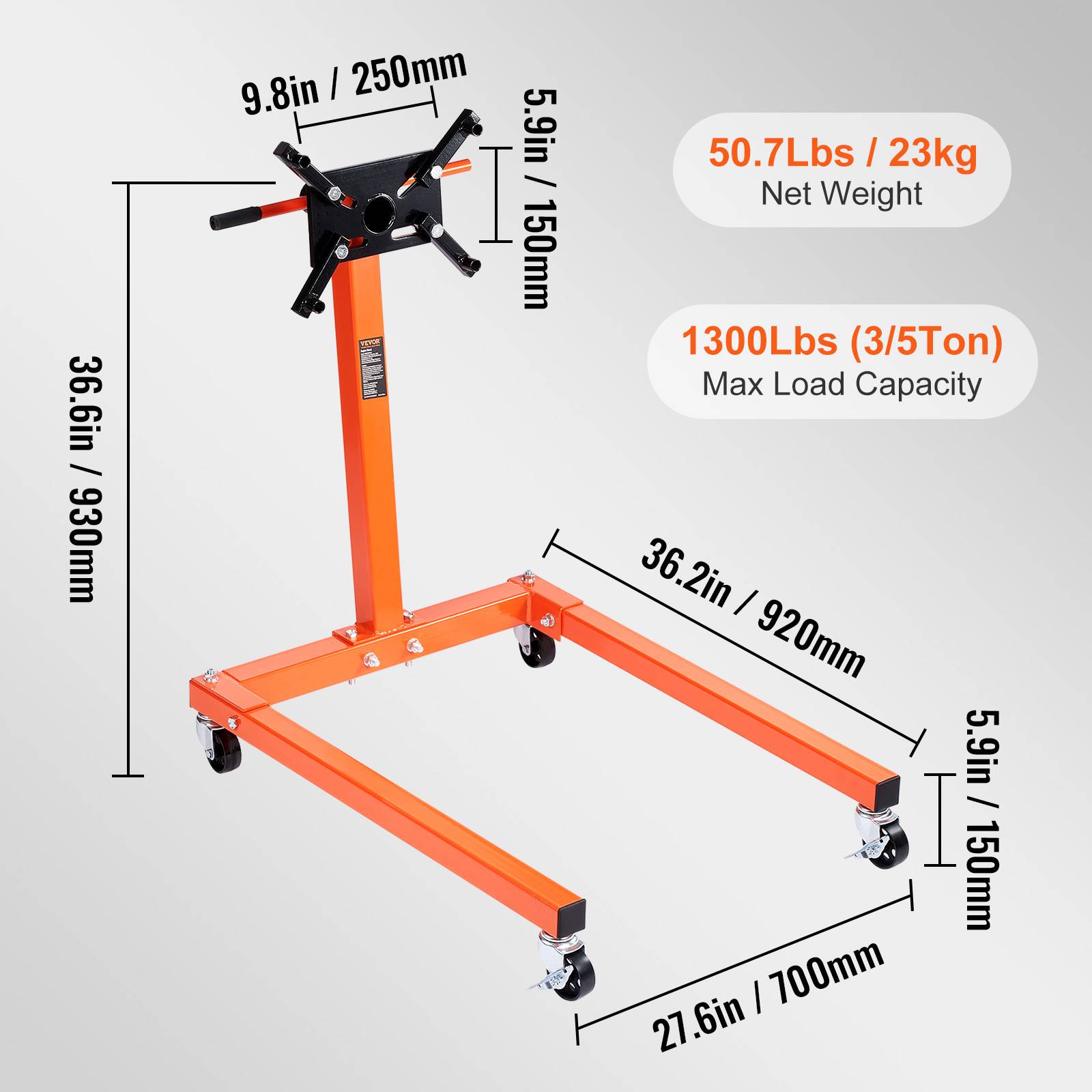 Vevor - VEVOR Support moteur atelier 590 kg, acier mobile, rotatif 360°, 6 points. - Image 7
