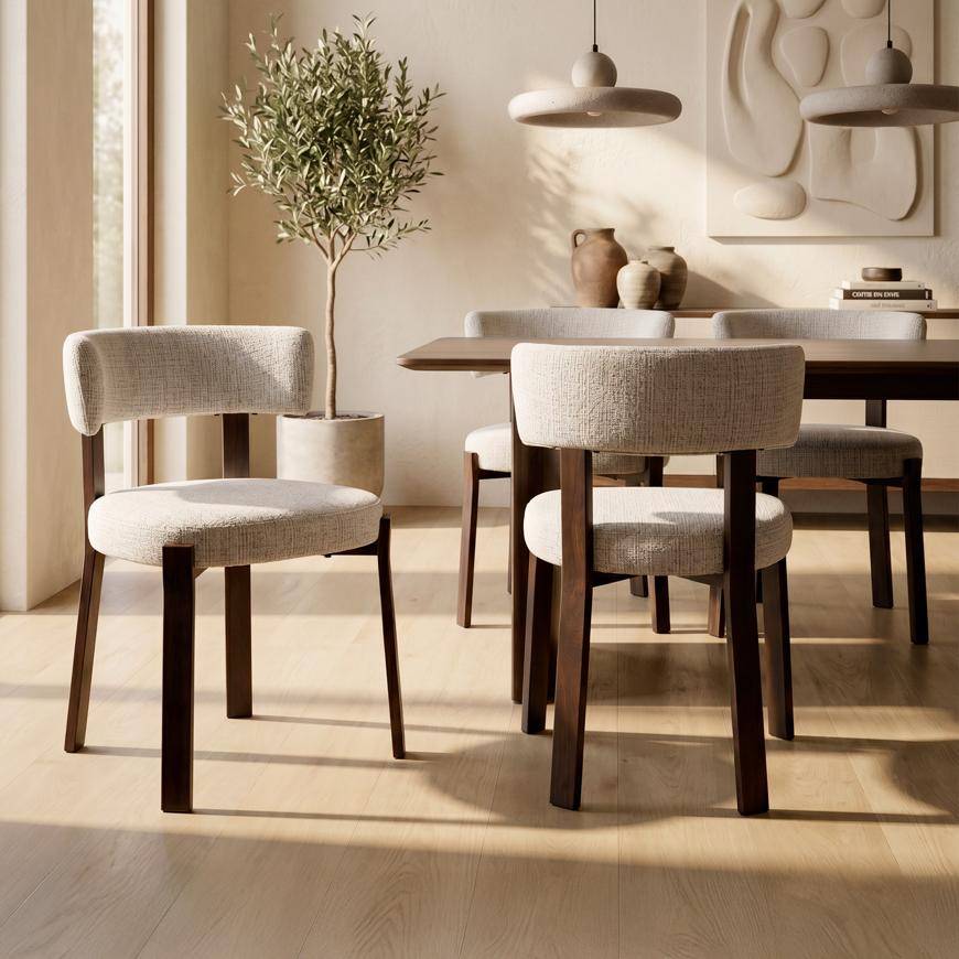 Sicaan Lot de 4 chaises style japandi tissu chenille beige pieds métal effet noyer - ZOE - Image 1