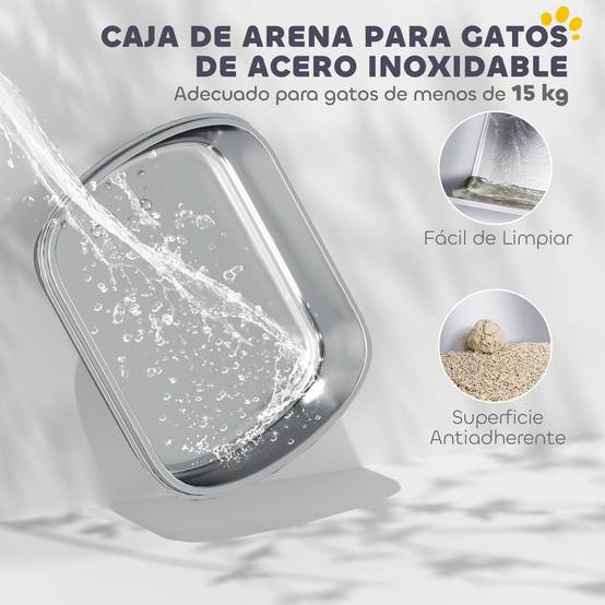 Bac à litière fermé et couvert avec plateau en acier inoxydable, design à bords hauts, comprend une pelle et une zone de collecte de litière, gris. - Image 6