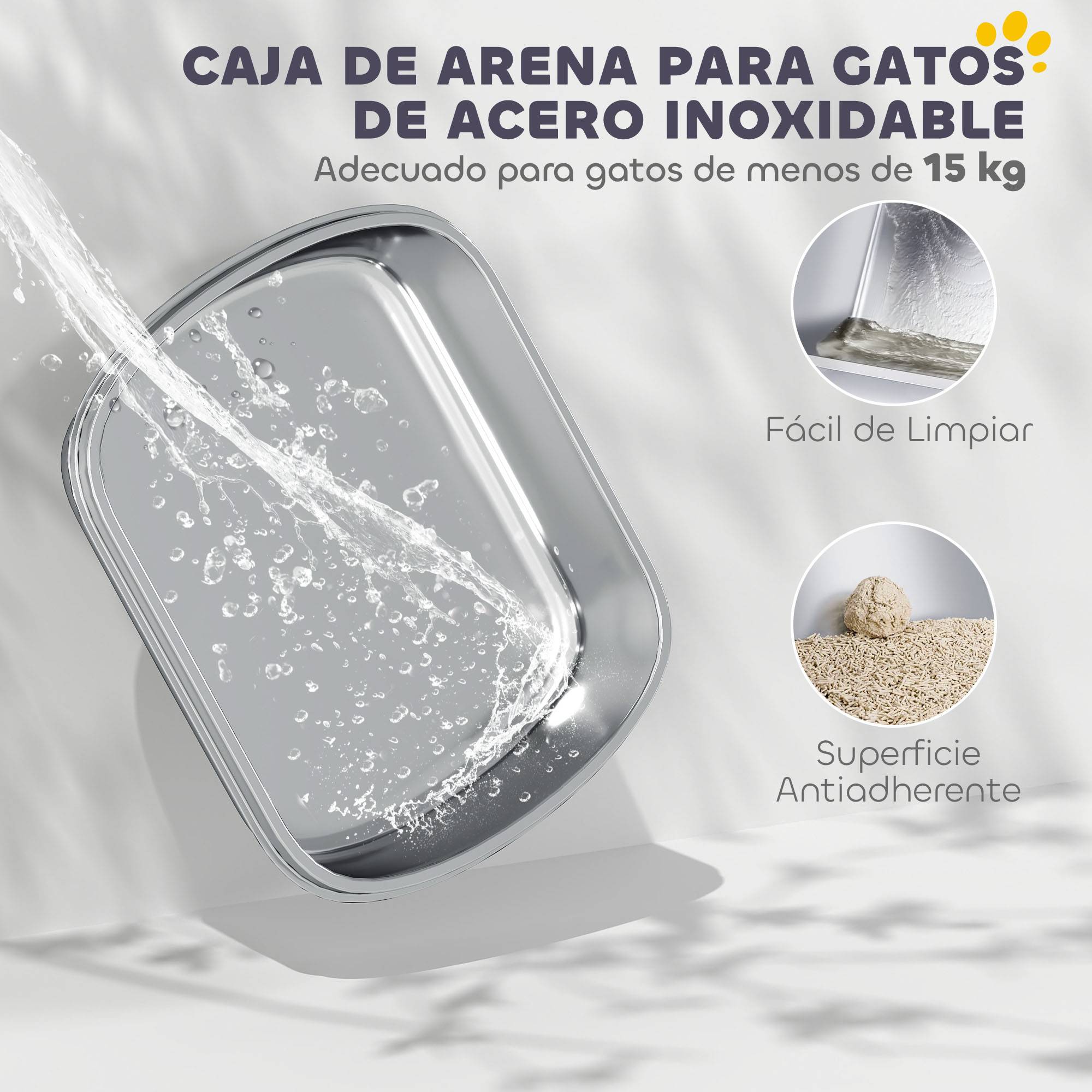 Bac à litière fermé et couvert avec plateau en acier inoxydable, design à bords hauts, comprend une pelle et une zone de collecte de litière, gris. - Image 6
