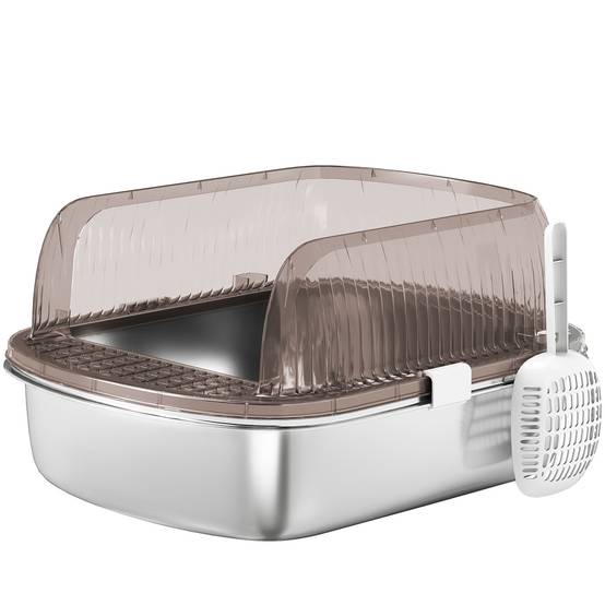 Bac à litière fermé et couvert avec plateau en acier inoxydable, design à bords hauts, comprend une pelle et une zone de collecte de litière, gris. - Image 1