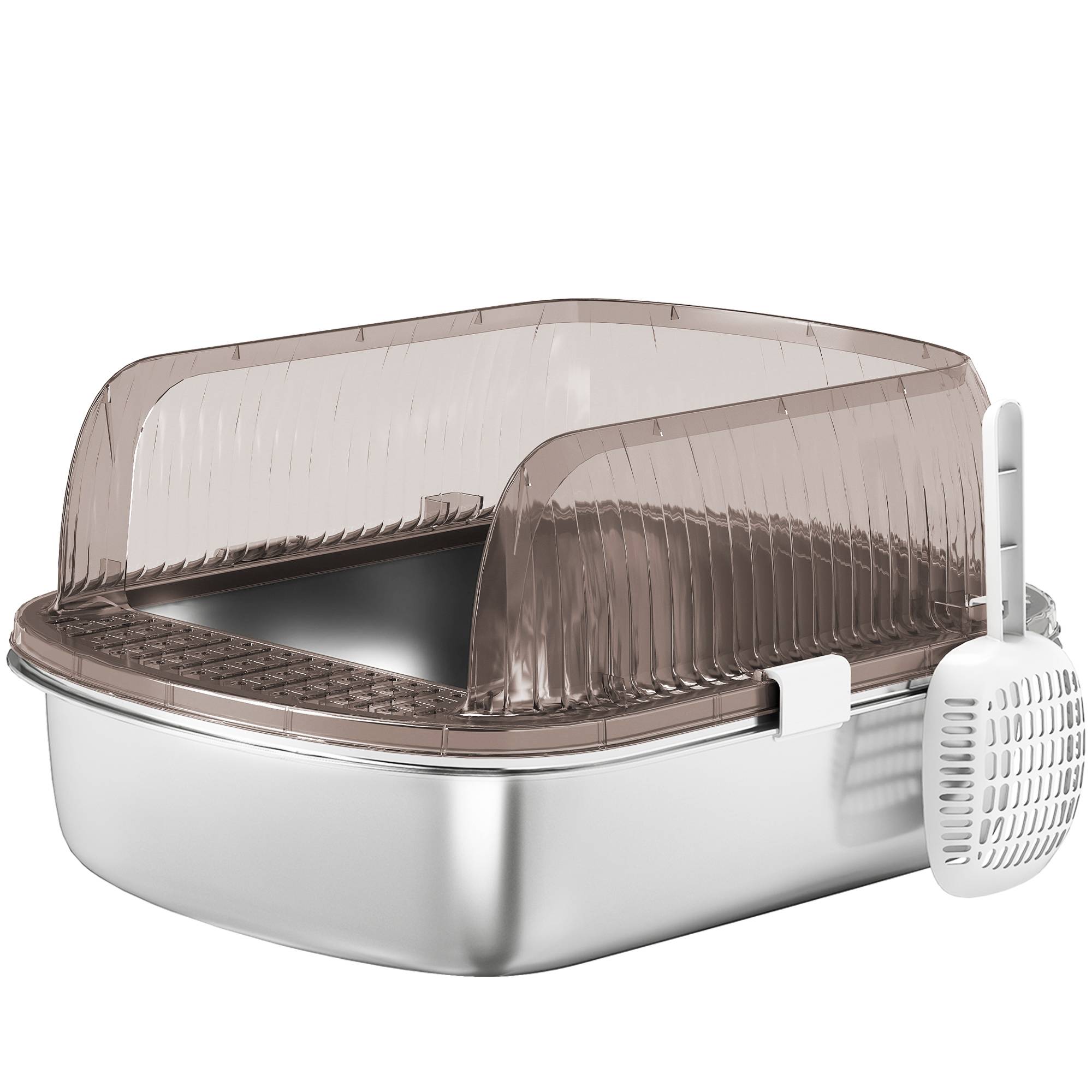 Bac à litière fermé et couvert avec plateau en acier inoxydable, design à bords hauts, comprend une pelle et une zone de collecte de litière, gris. - Image 1