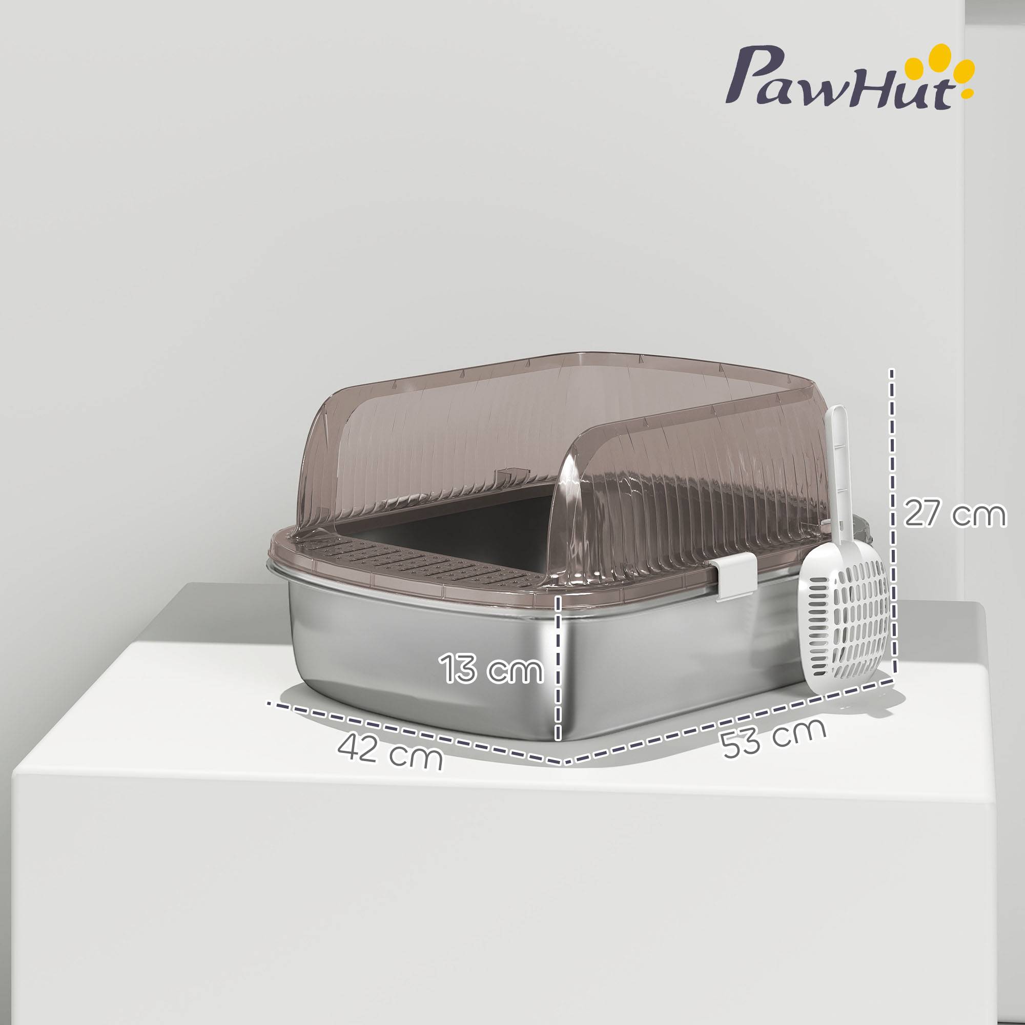 Bac à litière fermé et couvert avec plateau en acier inoxydable, design à bords hauts, comprend une pelle et une zone de collecte de litière, gris. - Image 5