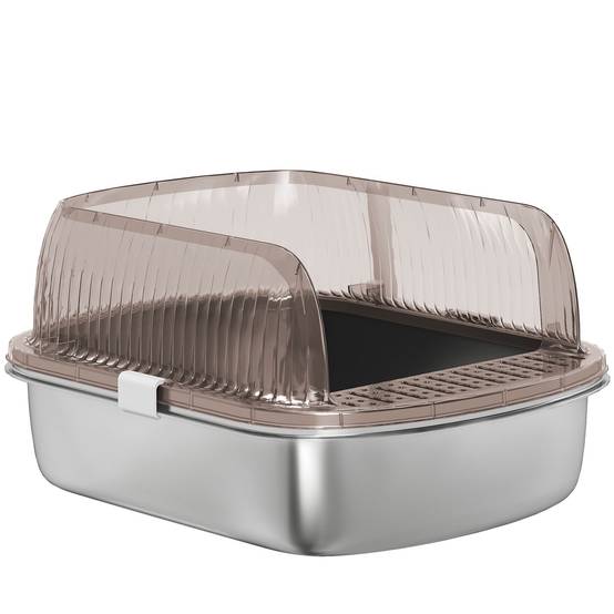 Bac à litière fermé et couvert avec plateau en acier inoxydable, design à bords hauts, comprend une pelle et une zone de collecte de litière, gris. - Image 2
