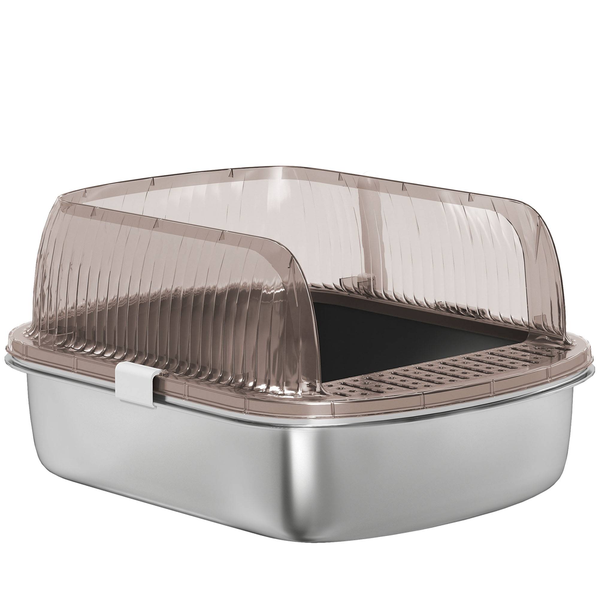 Bac à litière fermé et couvert avec plateau en acier inoxydable, design à bords hauts, comprend une pelle et une zone de collecte de litière, gris. - Image 2